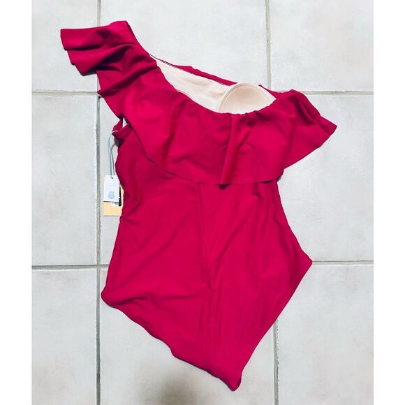 Kona Sol Pink One Shoulder Ruffle One Piece Swimsuit With Padding Size Medium - Picture 4 of 5